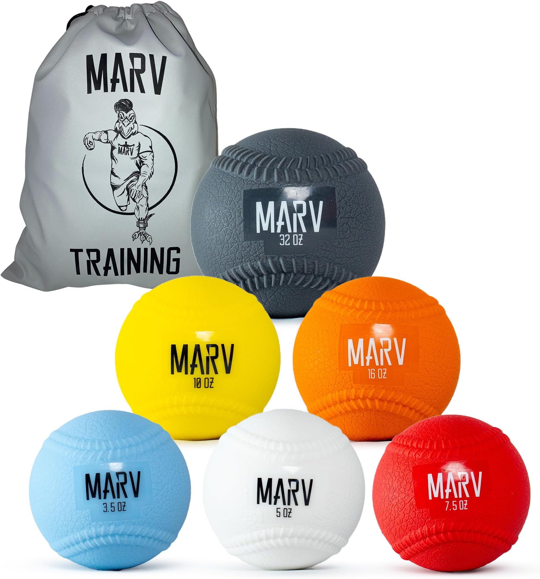 Marv Balls - Velo Set (Soft Shell use for Plyo Drills) Original PlyoMetric Ball with Seams Velocity Development Set - 6 Weighted Baseballs