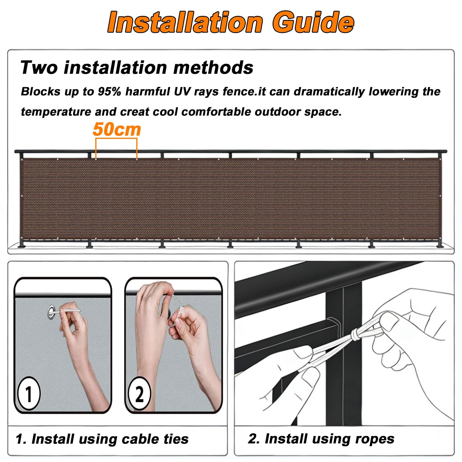 Balkon40 x 100 cm, resistente al viento, HDPE transpirable, protección solar opaca con ojales y lazos, barrera de privacidad para exteriores, color marrón