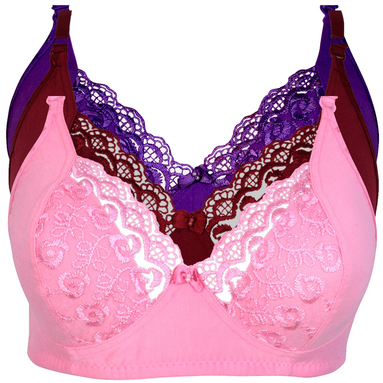 Women Cotton Net Bra Set, Non Padded, Adjustable Strap, Pink, Maroon, Dark Purple(Pack of 3)-image-42