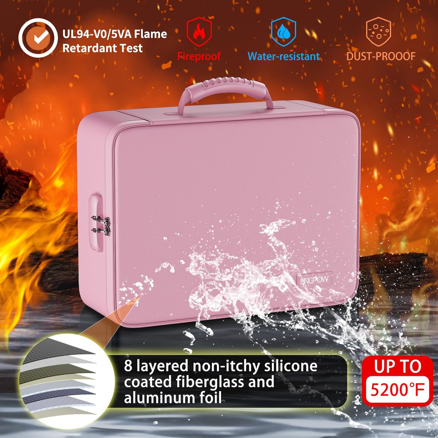 ENGPOW Fireproof File Organizer Bag with 13 Colorful Pockets Accordion File Folder,5200℉ Document Organizer Box with Lock&Labels,Multi-Layer Portable Home Safe Storage for Important Documents,Pink