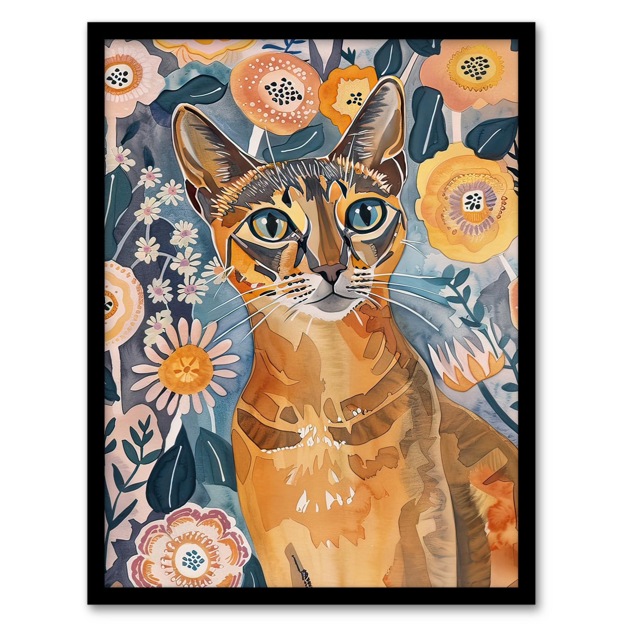 Artery8 Cat Lover Abyssinian Floral Watercolour Folk Art Living Room Artwork Framed Wall Art Print A4