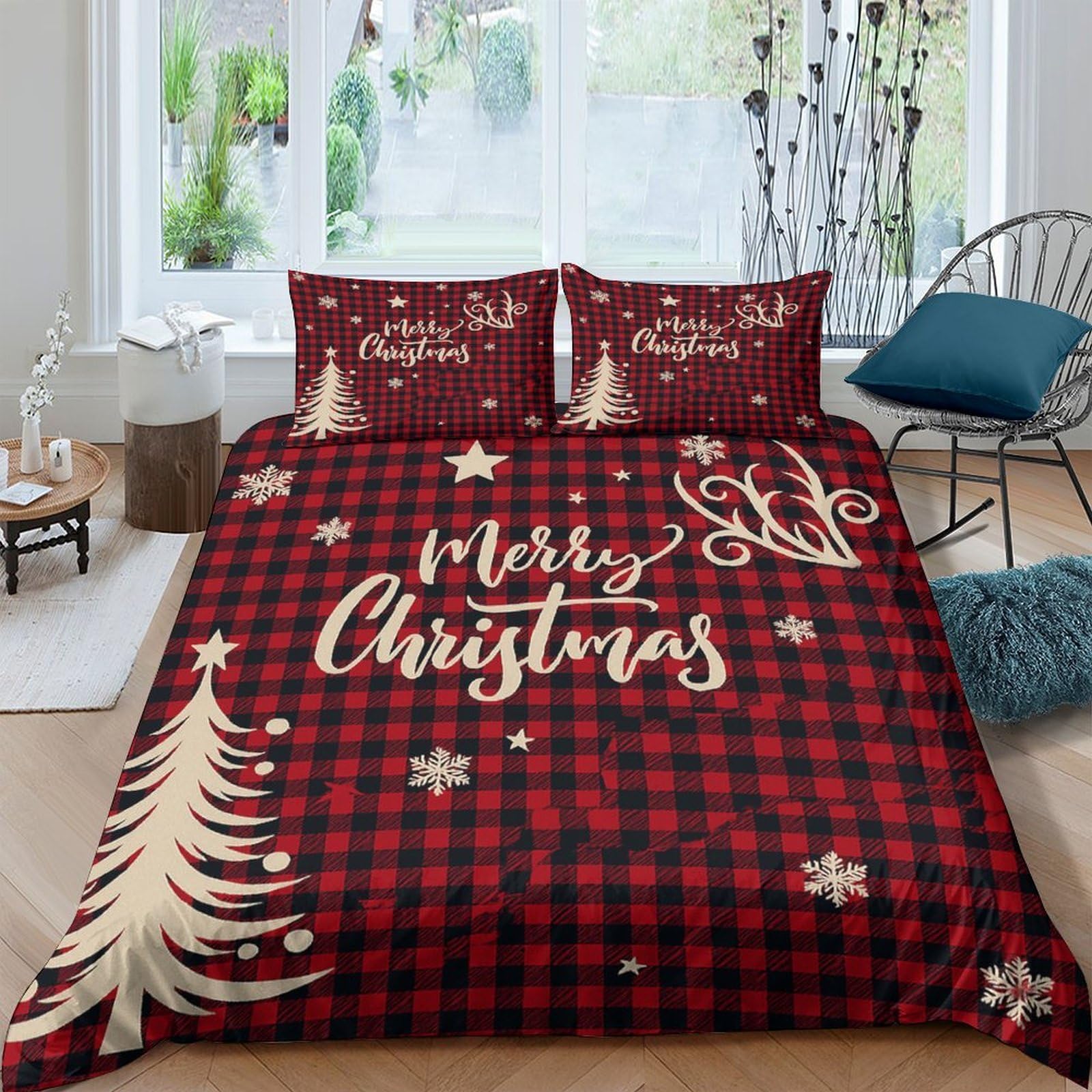 Ctjqhvkz Style-6 3D Printed Christmas Tree Fitted Sheet Microfiber Red Plaid Snowflake Bed Cover For Bedroom Guest Room Mattress Decor Single（135X200cm）