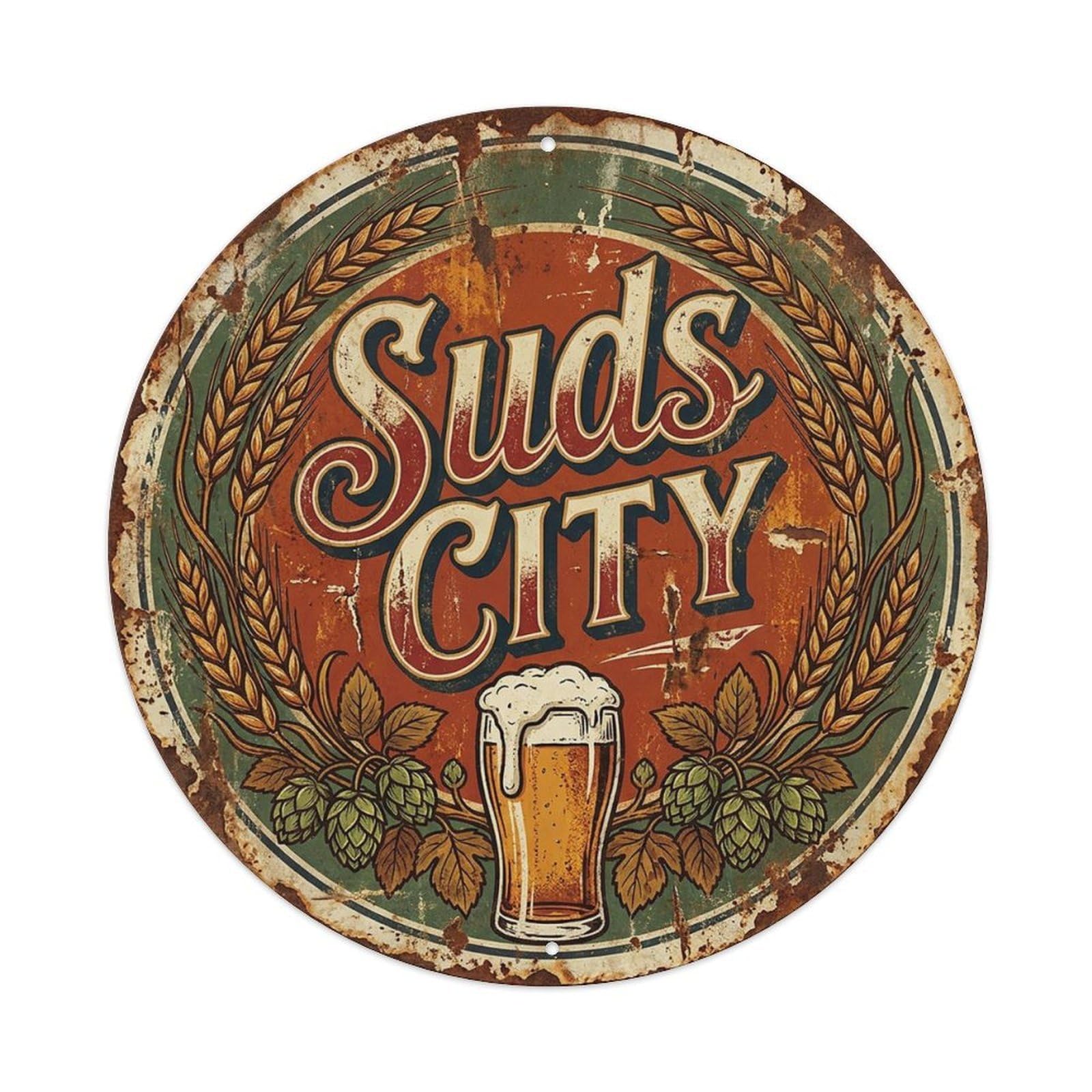Vintage Beer Cheers Suds City Retro Bar for Pub Vintage Metal Tin Sign Plaque Wall Decor for Cafe, Club Bar, Office, Garden Metal Poster 8x8Inch