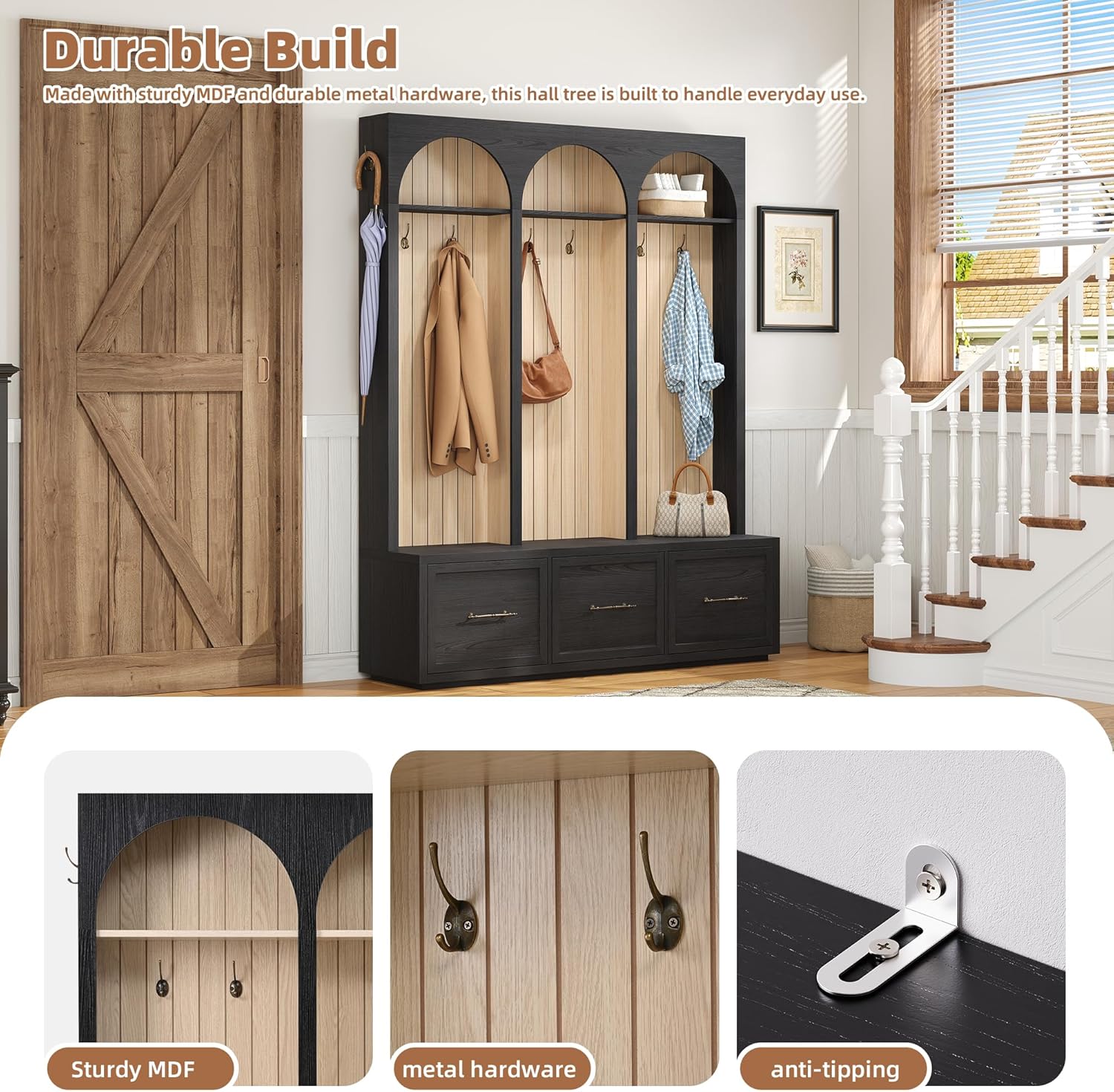 59" Farmhouse Hall Tree with Bench - Rustic Wooden Entryway Organizer with 8 Coat Hooks, 3 Storage Drawers & Shoe Shelf, Arched Design for Mudroom, Living Room (Black)