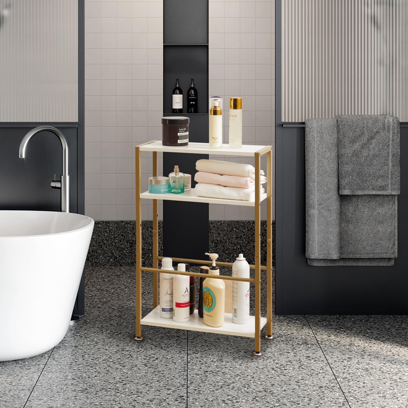 Aibiju Table D'appoint Étroite, Table D'appoint Fine à 3 Niveaux avec Panier en Tissu, Table de Canapé Moderne pour Espaces Étroits et Petits, avec Cadre en Métal Doré, Blanc YD-TM052J