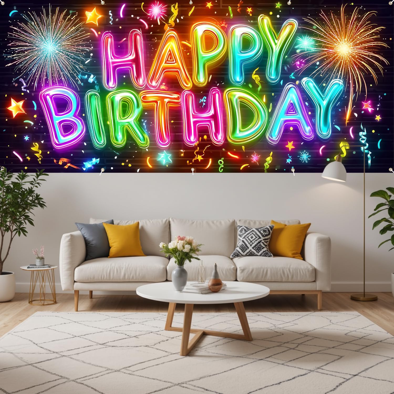 Neon Happy Birthday Garage Door Banner 7x16ft Birthday Decoration Garage Door Cover Photo Background