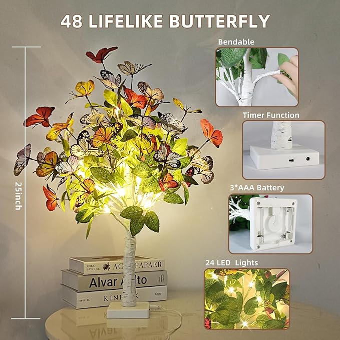 Oreunik Butterfly Lights for Bedroom,2ft/24LED Indoor Decoration Tree Lights with Timer,48 Lifelike Artificial Butterfly Christmas Tree for Home Decoration,Gift for Mom,Girlfriends,Butterflies Decorations photo 2