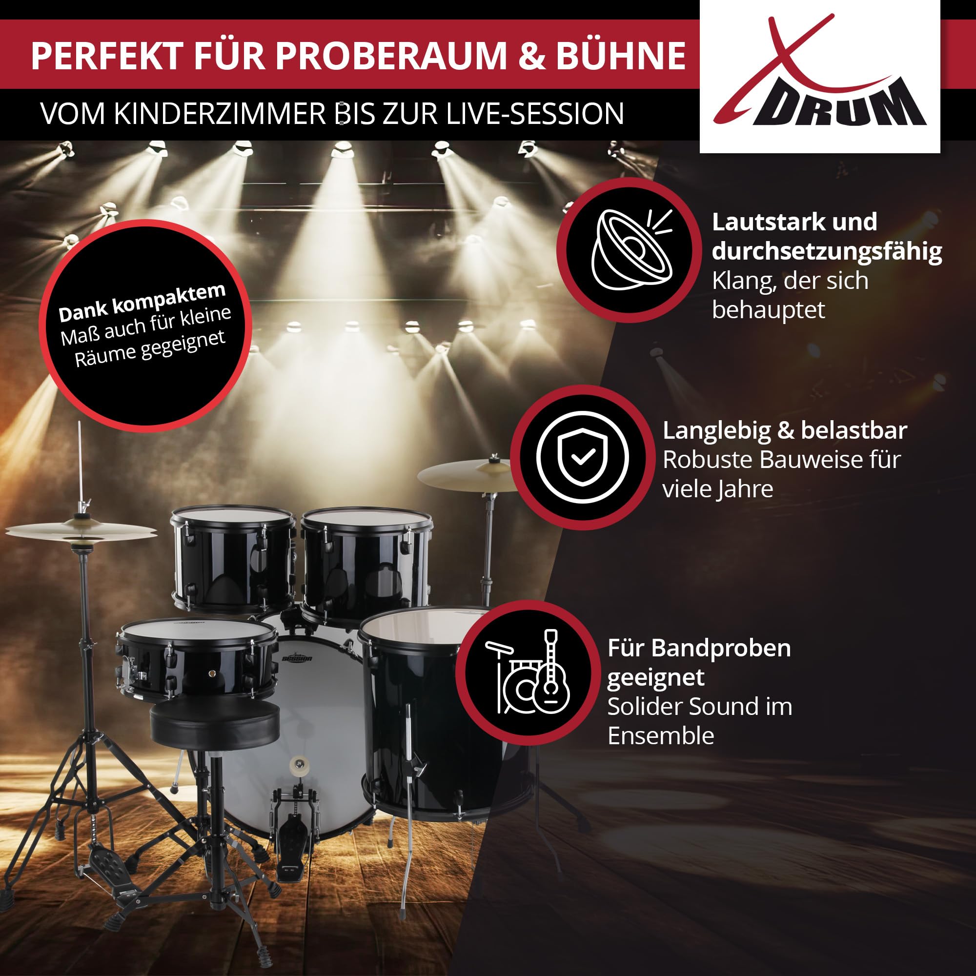 XDrum Rookie 22" Fusion Batteria Completa Black - Ideale per Principianti - Hardware Elegante in nero - Incl. Bacchette, Istruzioni di Montaggio e Scuola di Batteria - Nero