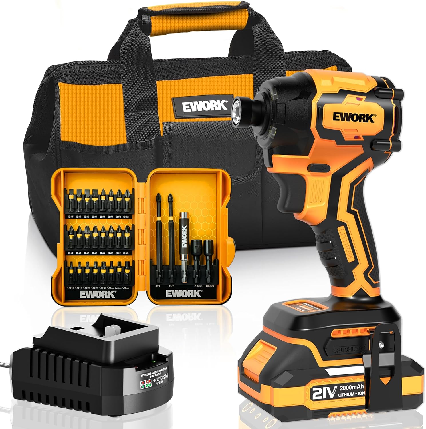 Cordless Impact Driver Kit 1/4-Inch, 21V Compact & Brushless Impact Drivers, Max Torque 2300 In-lbs, 4-Speed with 2.0Ah Battery and Fast Charger, Bit Set for Professional User or DIY