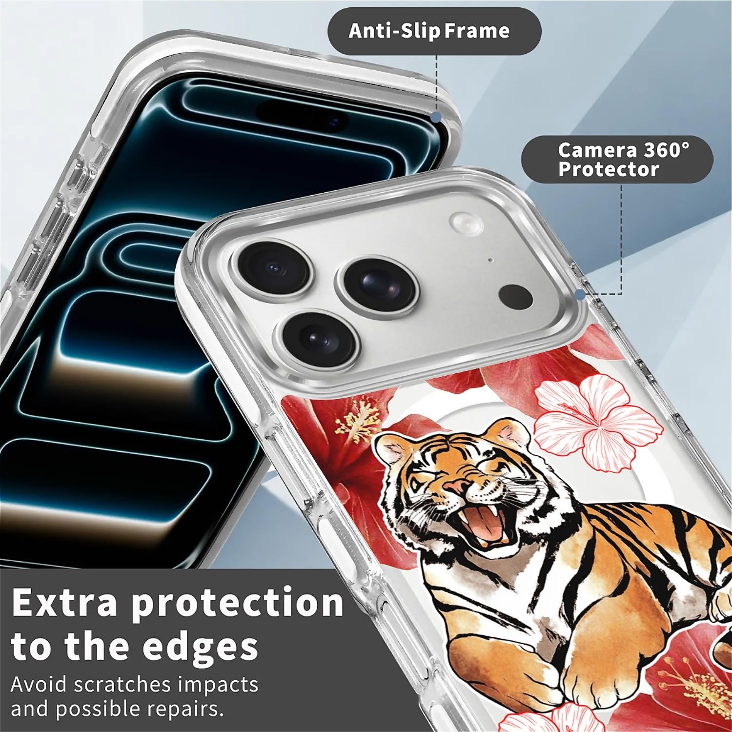 Custodia per iPhone 17 Pro [compatibile con Magsafe], custodia magnetica trasparente in silicone antiurto con motivo ibisco fiore tigre