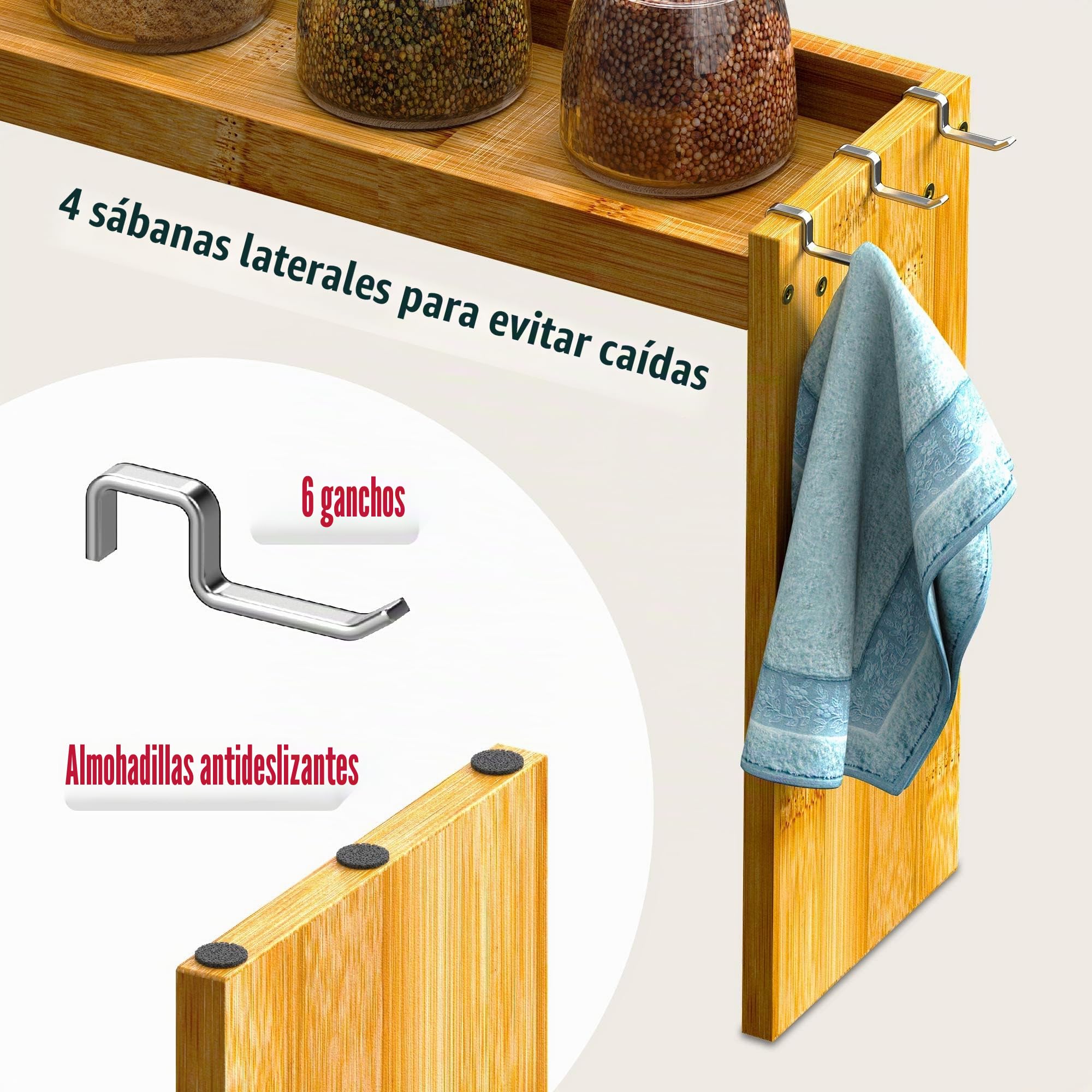 IIIOIIIA Estante organizador de especias de bambú para cocina, estante organizador de especias de 31.5 pulgadas con 6 ganchos, encimera de almacenamiento adicional de 11.4 pulgadas de altura, fácil de