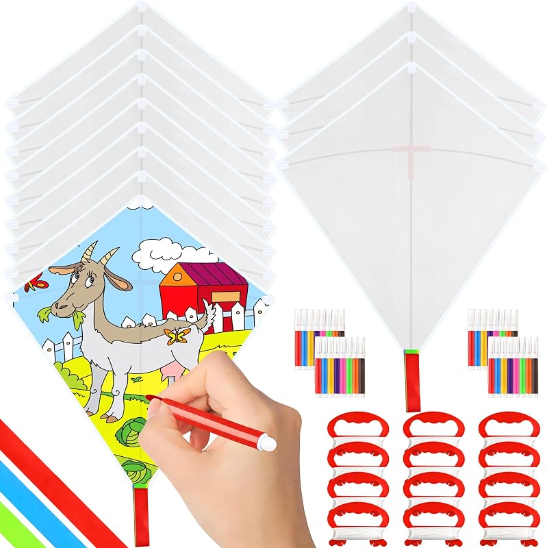 Mototo 12 Pack DIY Blank Kite Bulk White Beach Kite Making Kit Decorating Coloring Painting with 12 Packs Watercolor Pens and 164 feet String for Adults Kids Outdoor Park Beach Grassland Activities