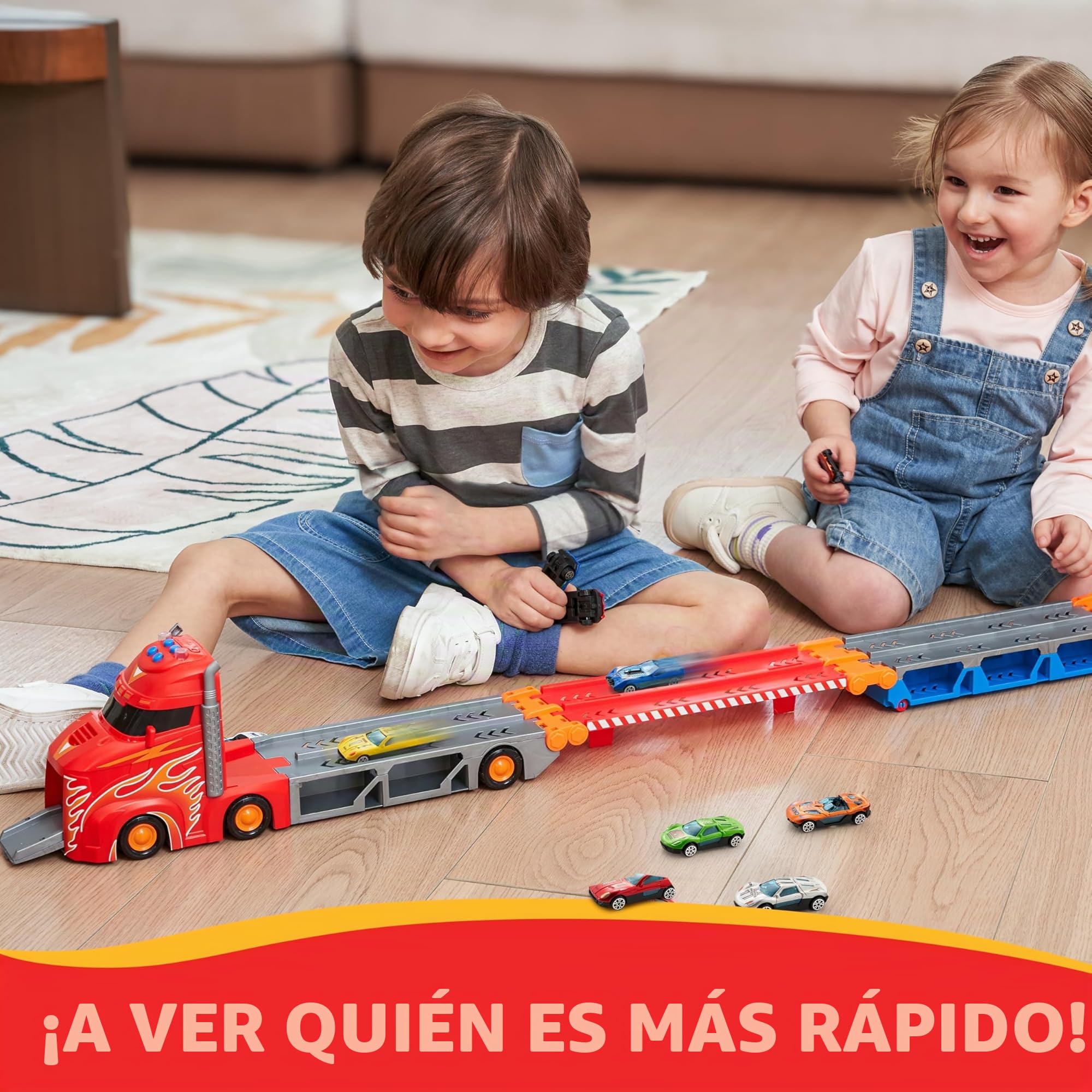 SYNCFUN Transport Race Truck Toy Cars, 2,4 metros gigante pista de carreras portador camión juguete, plegable 3 capas con 12 coches, luces y sonidos, regalo para 3, 4, 5, 6, 7 años, niños