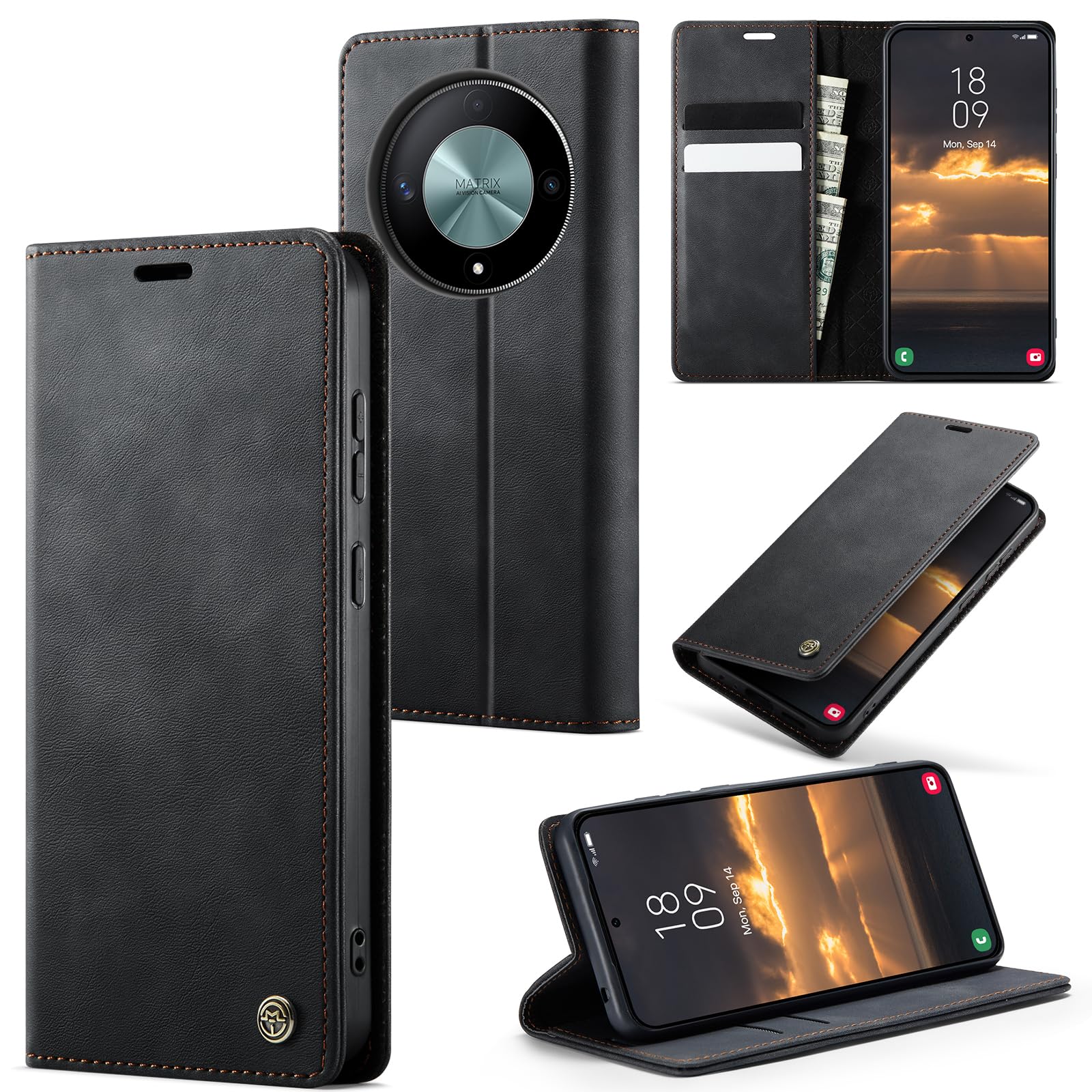 owlhold Handyhülle für Honor Magic 6 Lite hülle Premium PU klapphülle RFID Lederhülle Faltbare Handytasche Schutzhülle Kartenfach Standfunktion hülle Honor Magic 6 Lite 5G - Schwarz