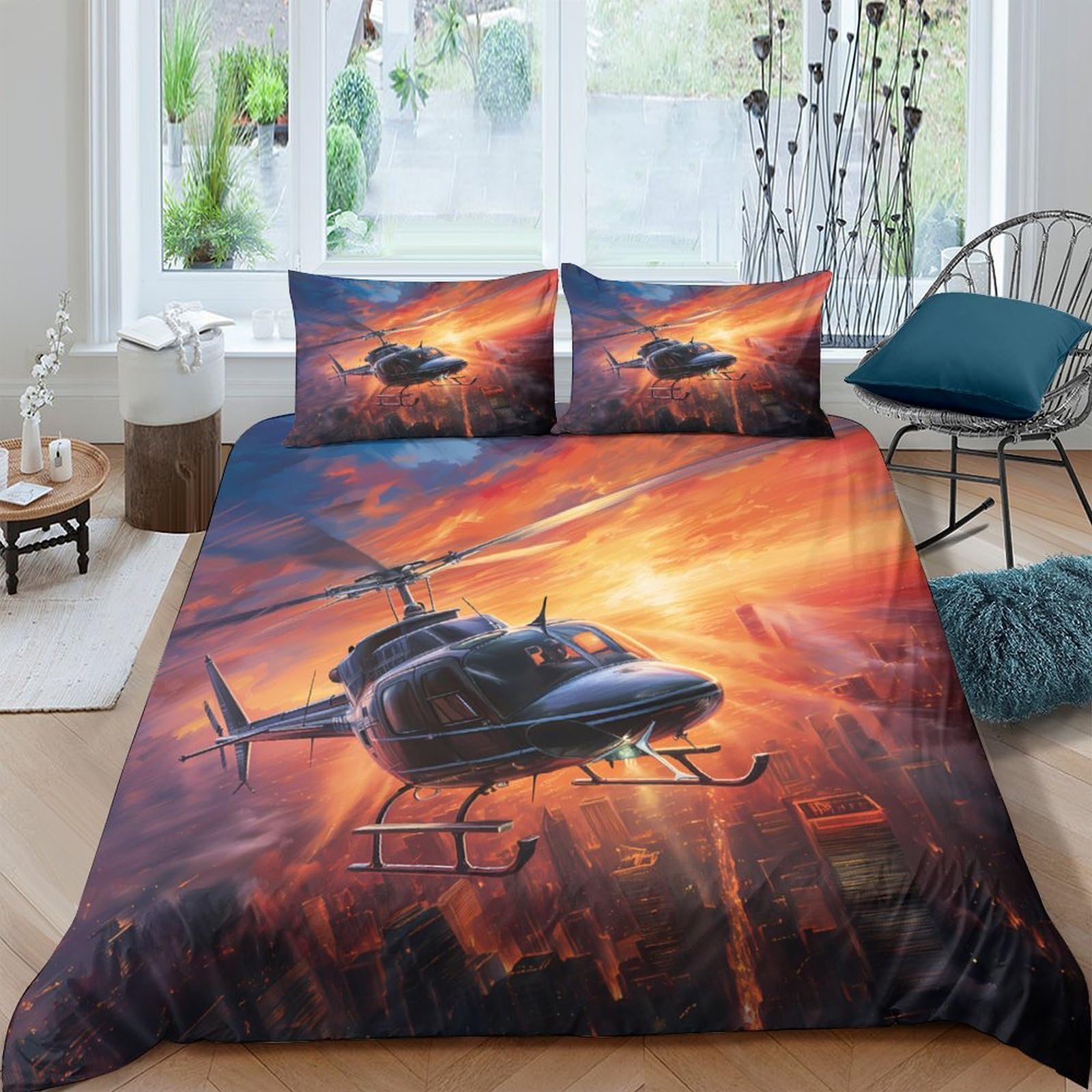 Ctjqhvkz Style-9 3D Printed Helicopter Sunset Fitted Sheet Microfiber Soft Bed Cover For Bedroom Guest Room Dorm Mattress Decor Single（135X200cm）