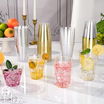 Goodluck 14 oz 50 PCS Gold Glitter Plastic Cups, Disposable Glitter Cups, Elegant Plastic Cocktail Glasses, Fancy Party Cups for Wedding, Birthday, Holiday