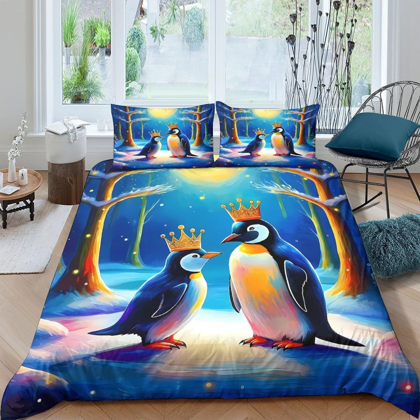 GPLZQXKJNH 3D Printed Crowned Penguin Forest Duvet Cover Microfiber Soft Breathable Sunset Bedding Set with 2 Pillowcases for Bedroom Decor Single（135x200cm）