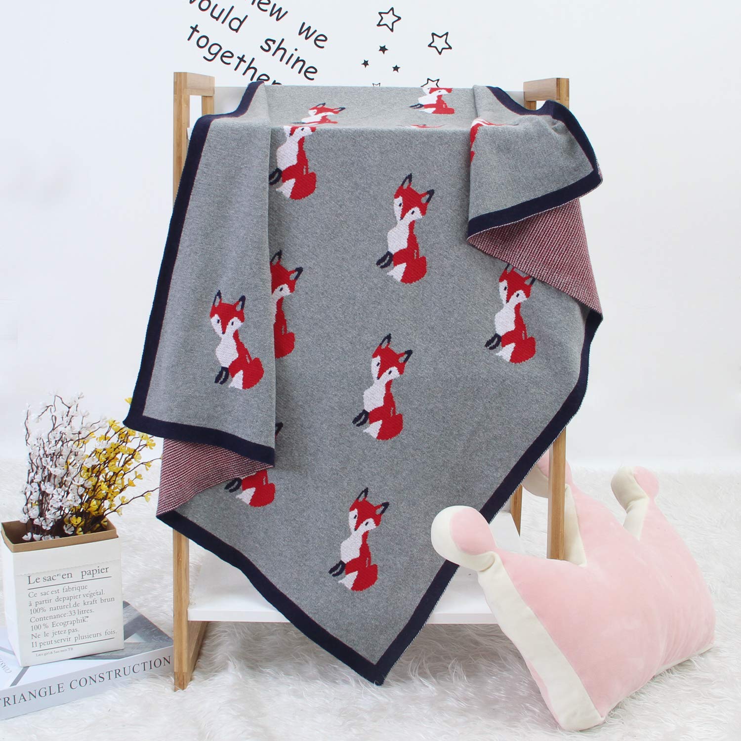 DovFanny Baby Blanket 100% Cotton Cute Cartoon Fox Knit Soft Cozy Lightweight Warm Blanket for Newborn Baby 80×100 cm Grey - Image 4