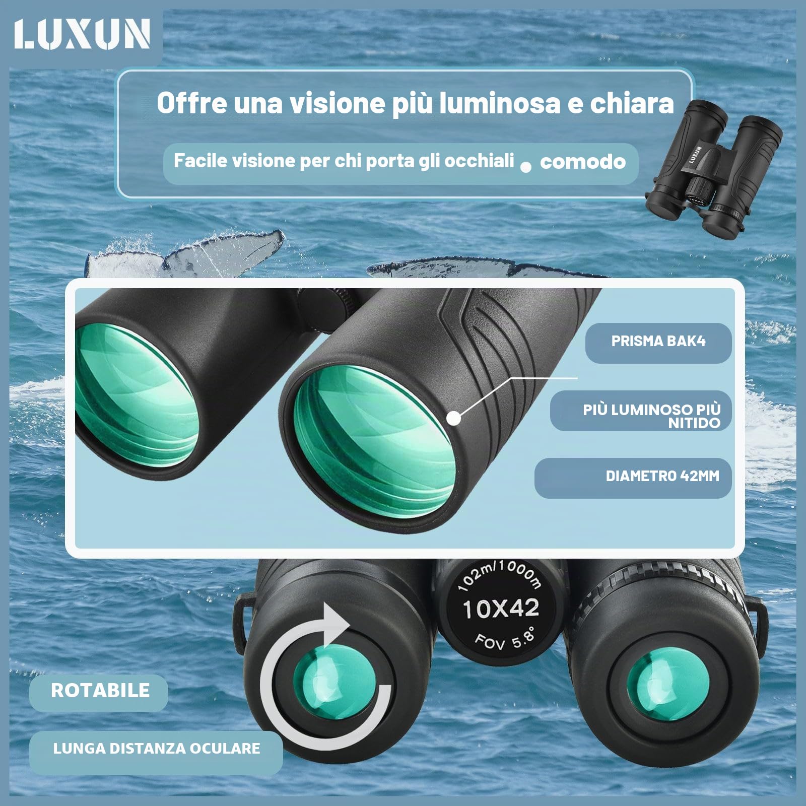 LUXUN Binocolo 10 x 42 per adulti, binocolo HD per caccia, birdwatching e escursioni, safari, obiettivo FMC con adattatore per cellulare