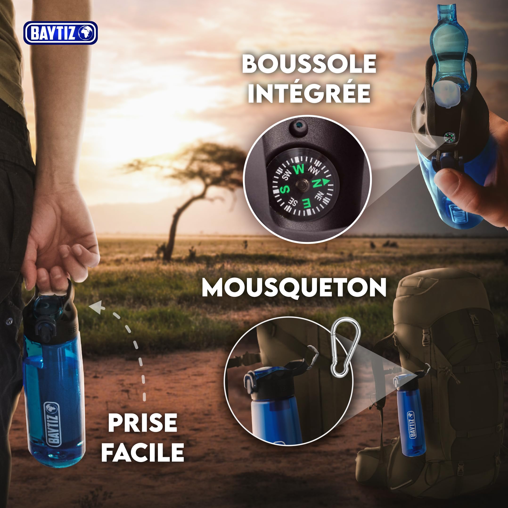 BAYTIZ ® Gourde Filtrante + Paille de Survie au Charbon Actif - Bouteille Filtre à Eau Nomade : Voyage Randonnée Trek Camping Kit Purificateur Réutilisable Plastique Sac Pluie Catastrophe
