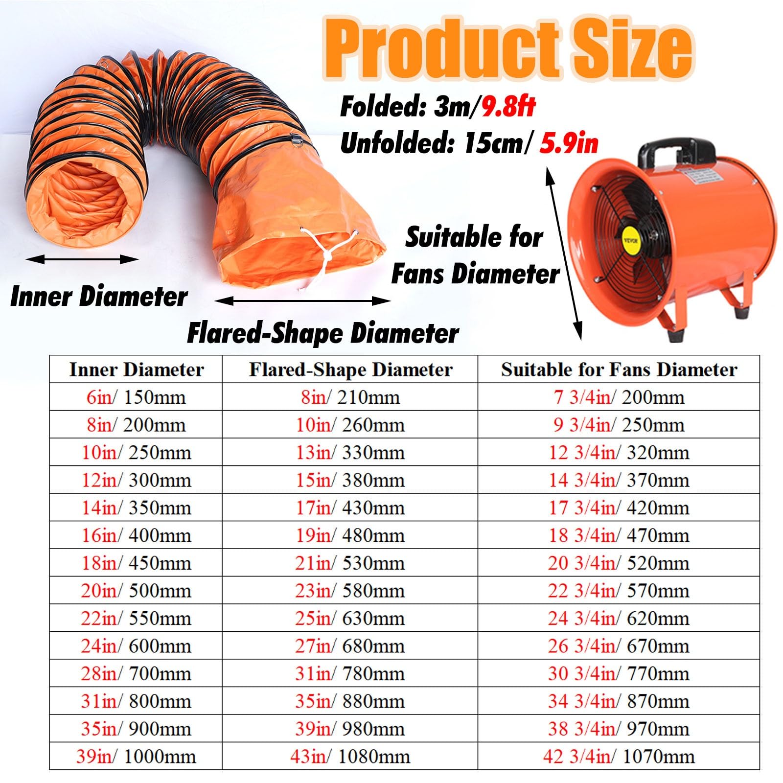 Tubo Flexible Manguera Flexible Industrial De PVC Para Ventilación De Secadoras, Diámetro Interior 6 10 12 20 24 Pulgadas, Equipos Extracción, Conductos Extracción Plegables Ignífugos(ID 14in/350mm)
