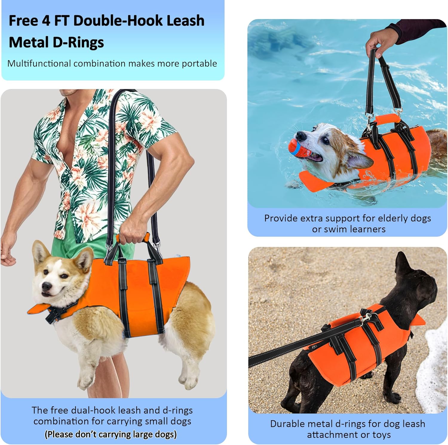 Petglad Dog Life Jacket with 4ft Leash, Reflective Pet Life Vest with Zipper and Handle for Swimming Boating, Adjustable High Buoyancy Floatation Swim Vest for Small Medium Large Dogs - Orange, XL
