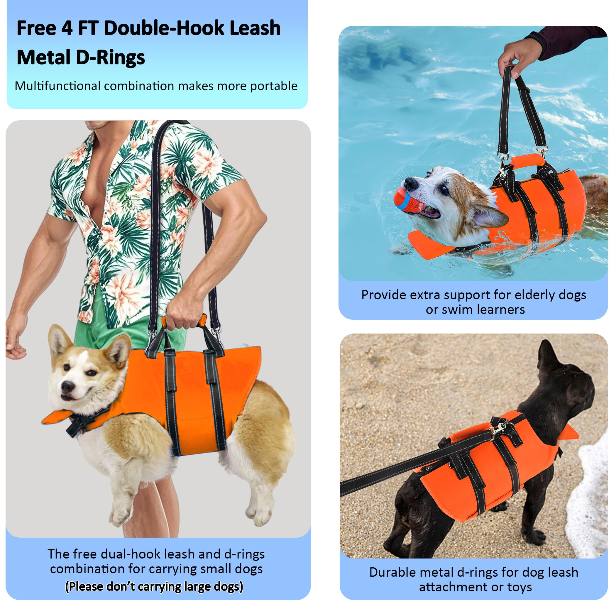 Gilet de sauvetage pour chien avec laisse de 1,2 m, gilet de sauvetage réfléchissant pour animal domestique avec fermeture éclair et poignée pour la natation, le bateau, flottabilité élevée réglable