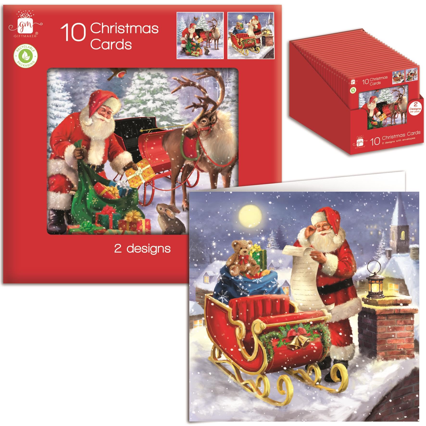 Tom Smith Giftmaker Pack 10 Square Christmas Cards 2 Festive Santa & Sleigh Designs 14cm