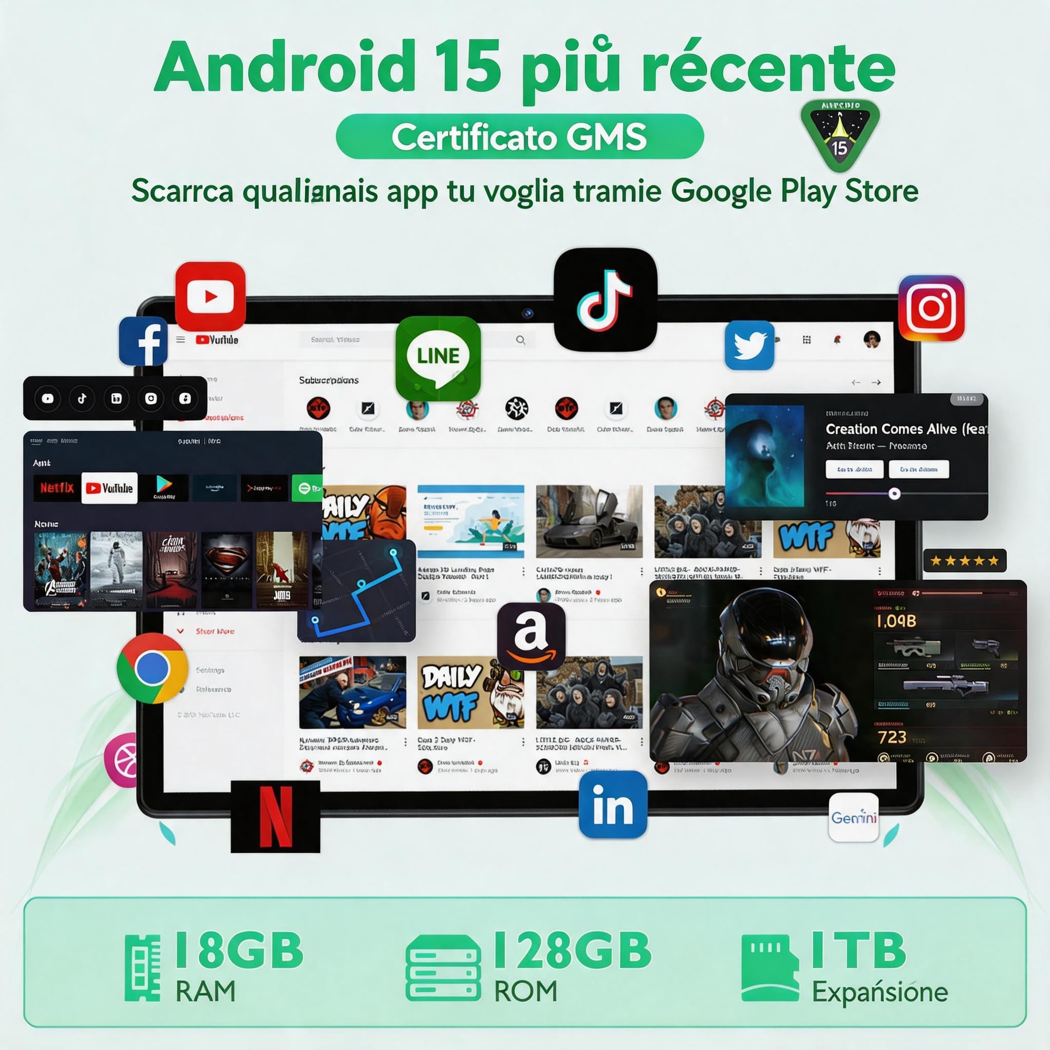 Tablet Android da 10", Android 15, 18 GB di RAM + 128 GB di memoria (fino a 1 TB espandibile), display IPS 1280 × 800, processore Octa-Core, batteria 6000 mAh