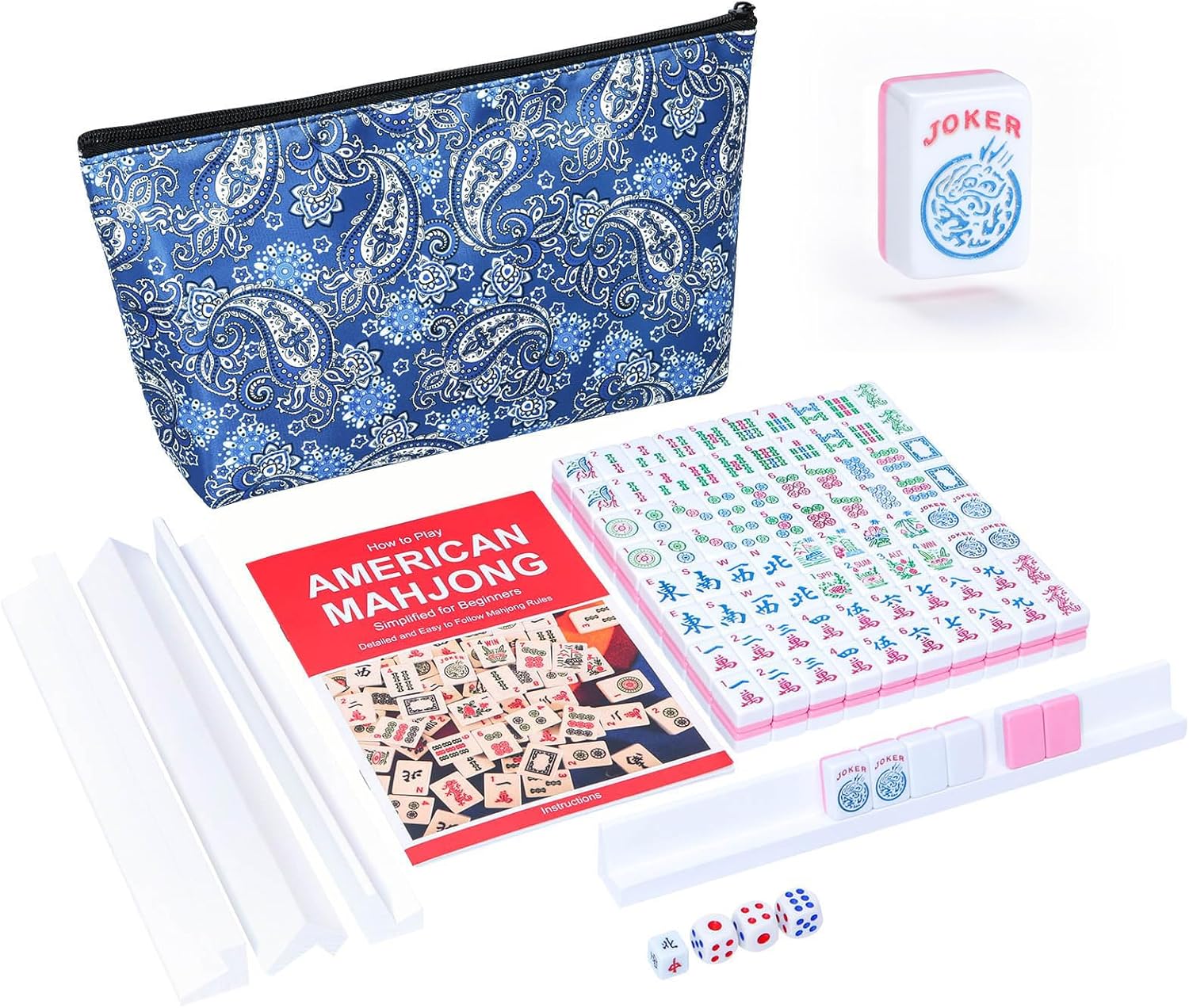 Mini Mahjong Set, American Mahjong Game Set with 166 Pink Tiles (0.94’’/24mm), 4 Racks & Thickened Blue Printed Bag, Portable Travel Mahjong Tiles Set