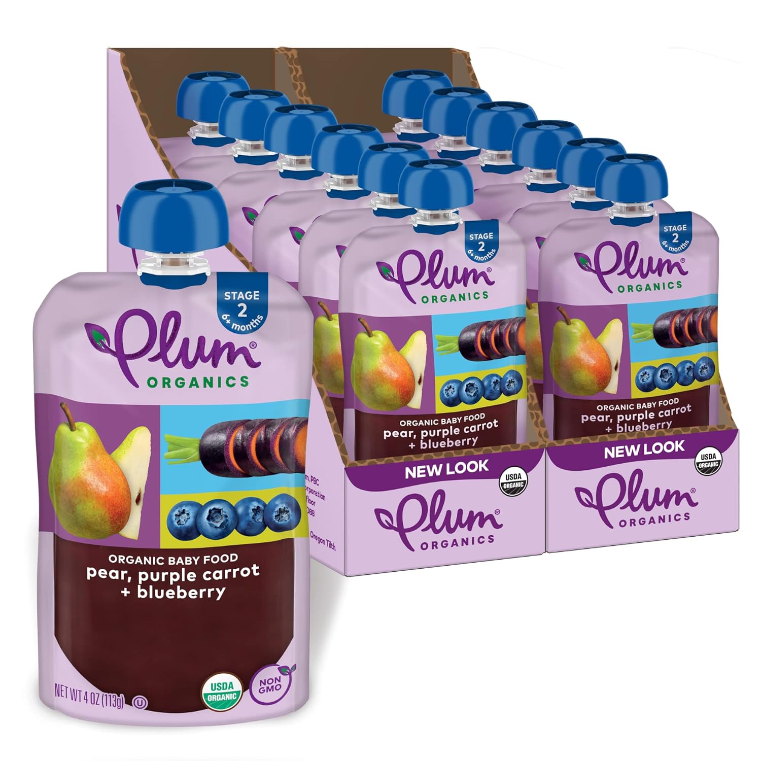 Plum Organics Stage 2 Organic Baby Food - Pear, Purple Carrot, and Blueberry - 4 oz Pouch (Pack of 12) - Organic Fruit and Vegetable Baby Food Pouch Pear, Purple Carrot & Blueberry Pack of 12