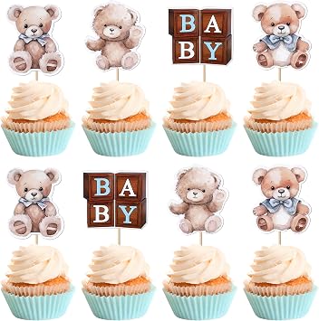 36 Pack Baby Shower Bear Cupcake Toppers Glitter Bear Head Baby Shower Cupcake Picks Bear Baby Shower Cake Decorations for Kids Boys Baby Bear Theme Birthday Party Supplies Blue
