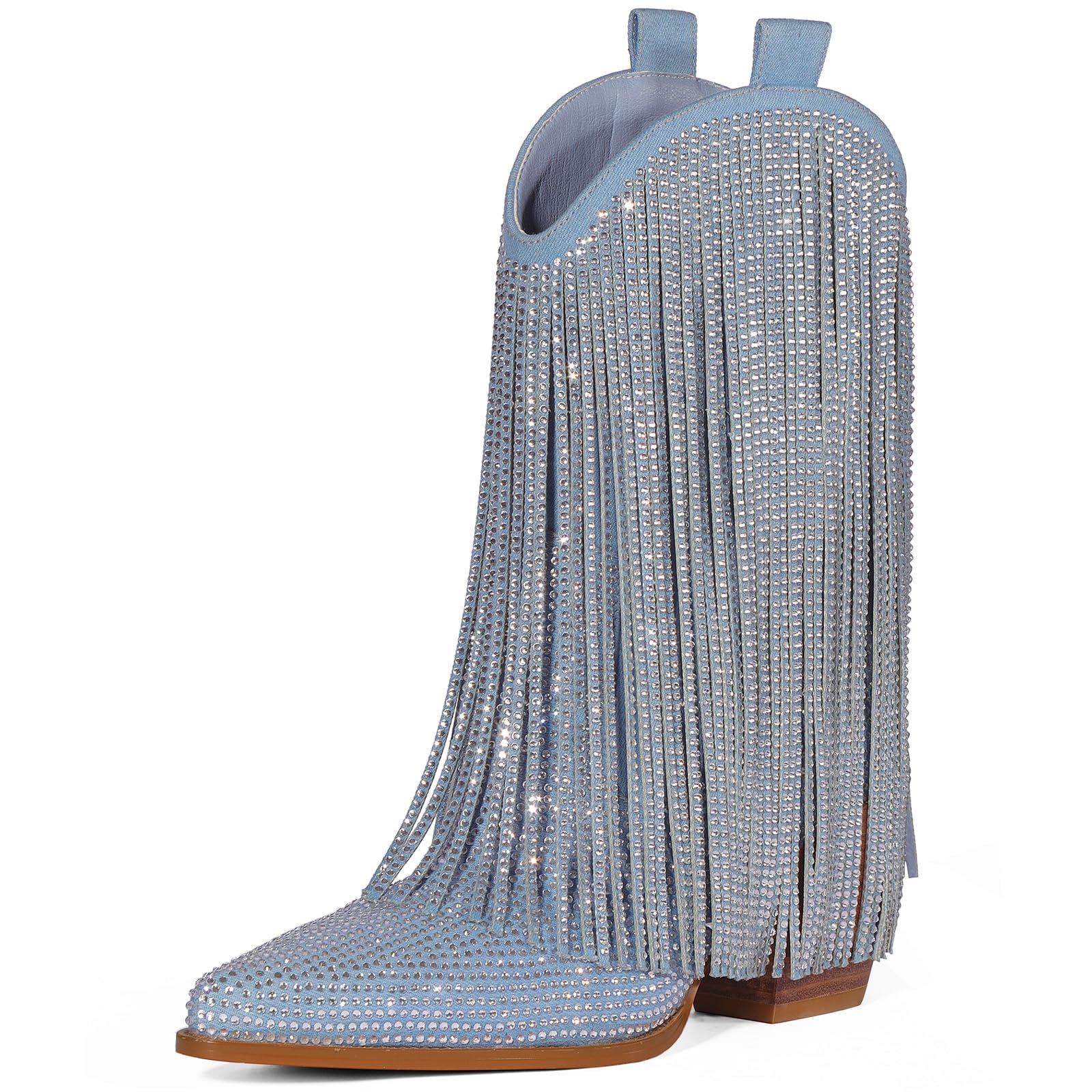 Cowboy Boots for Women - Cowgirl Western Rhinestone Sparkly Fringe Chunky Heel Pointed Toe Mid Calf Boots