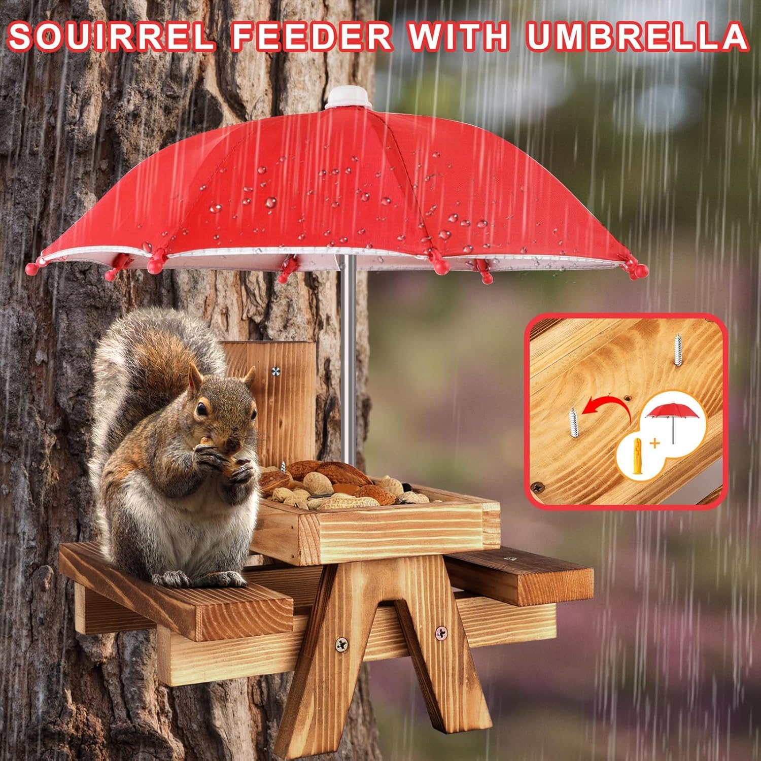 Mangeoire à écureuils Avec Parapluie Rouge - Extérieur Robuste Et étanche - Grande Capacité Pour Cacahuètes Et Maïs