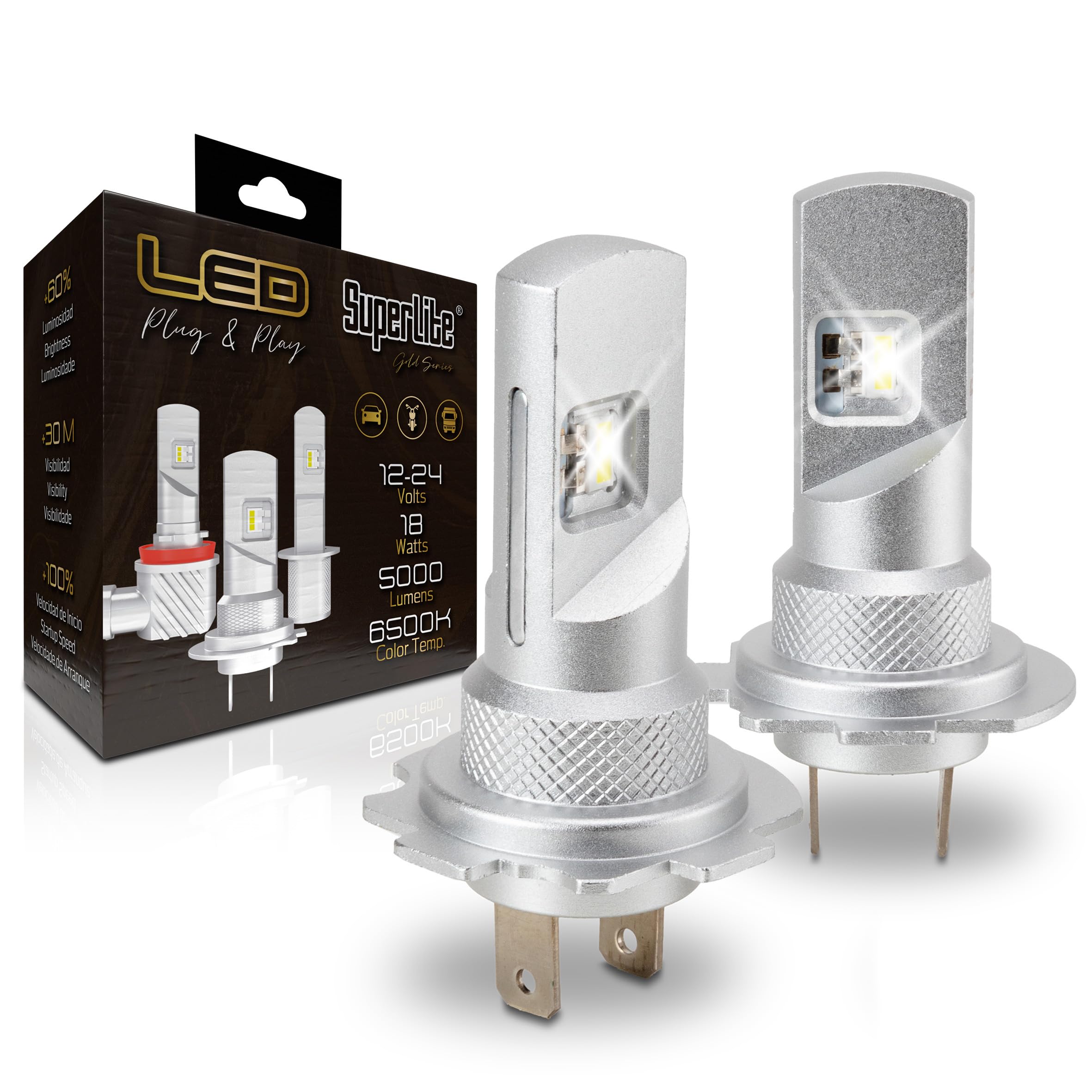 Kit de Lámparas Conversión Halógena to LED H7 Plug & Play Gold Series 6500K / 10000 Lumens / 12-24V / 18W Para Coche, Moto y Camión
