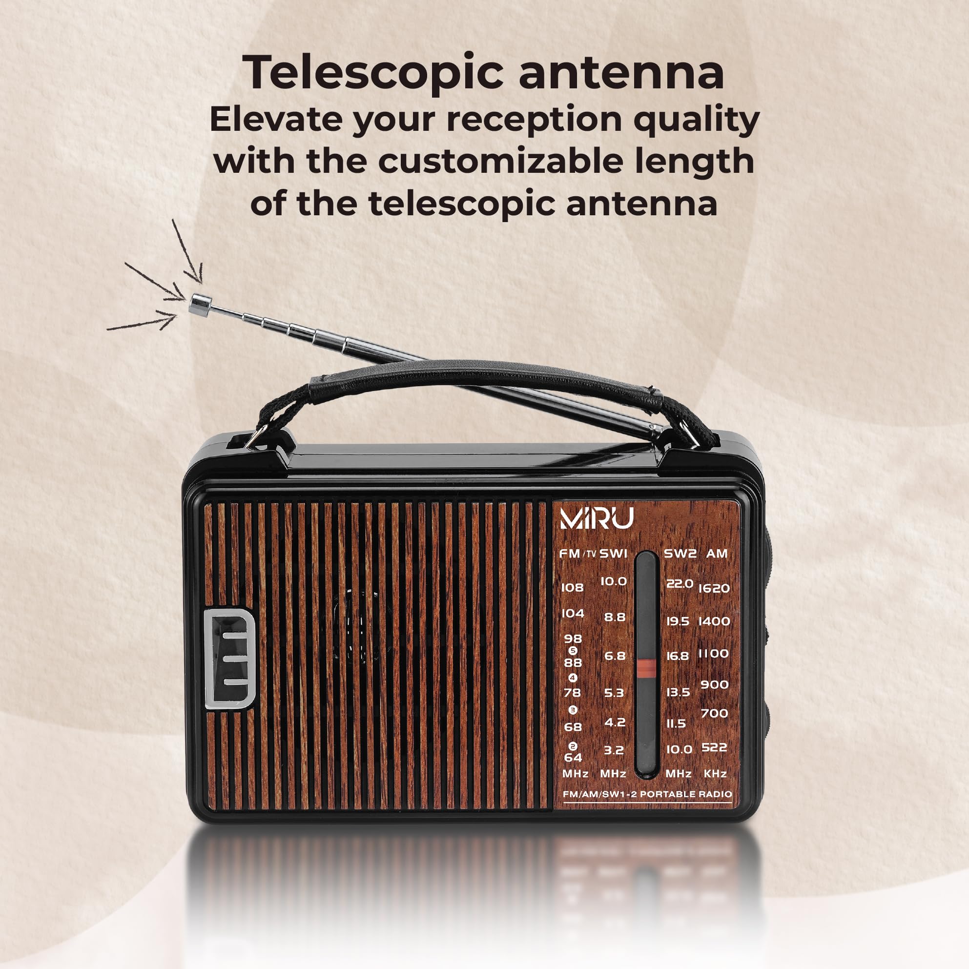 MIRU Radio Portatile AM/FM/SW SR-1021 con USB, Antenna Telescopica, 220V, Nero Legno