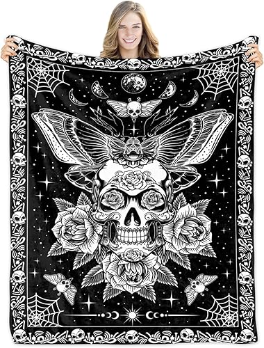Manta de franela de Halloween con diseño de flores y calavera, color negro, suave, ligera, acogedora, de felpa, gótica, para Halloween, sol y luna,