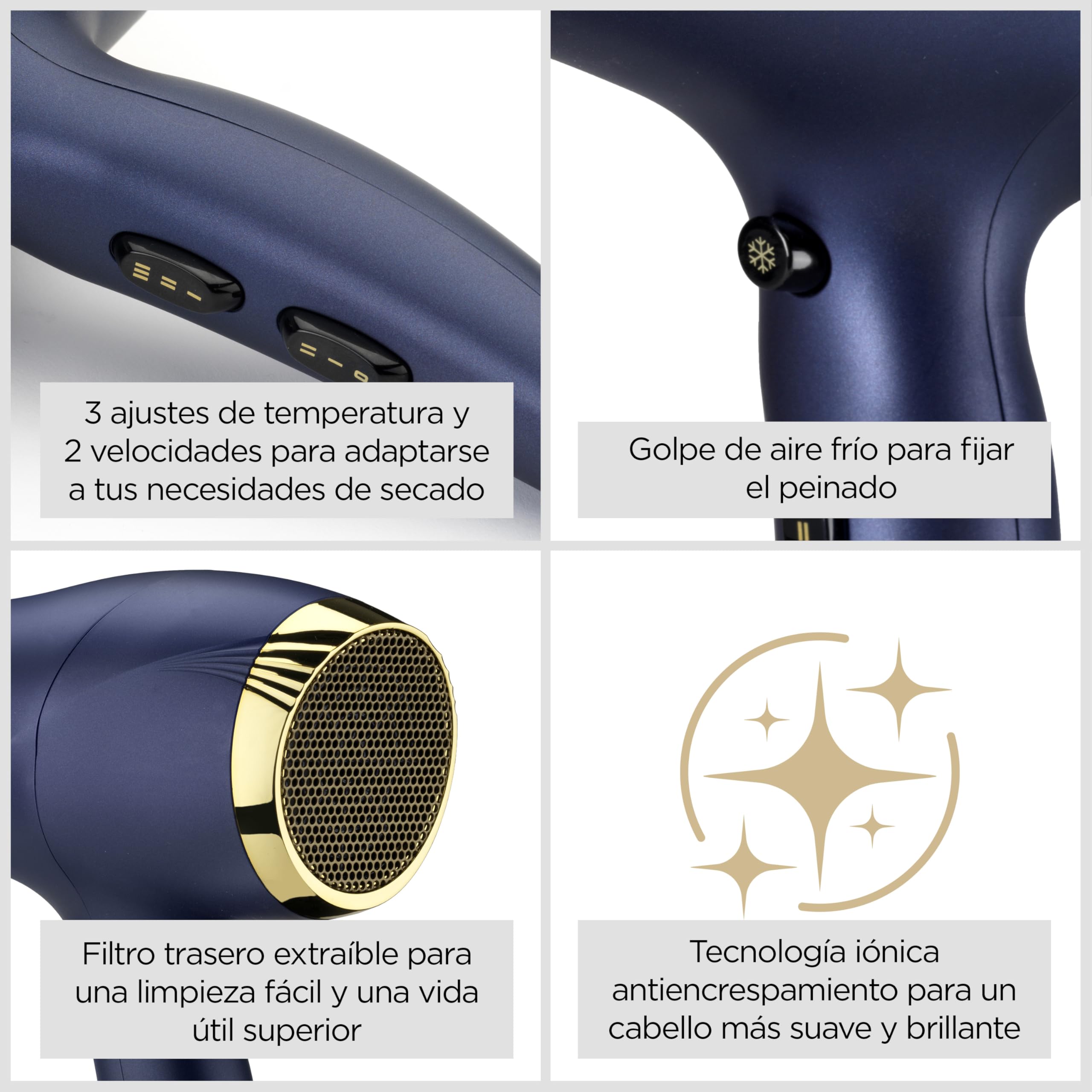 BaByliss Secador de Pelo Midnight Luxe - Potente Secador 2300 W, Control iónico antiencrespamiento, Secado Rápido, Profesional y Ligero, Compacto, 3 ajustes de calor y 2 velocidades, Azul, 5781PE
