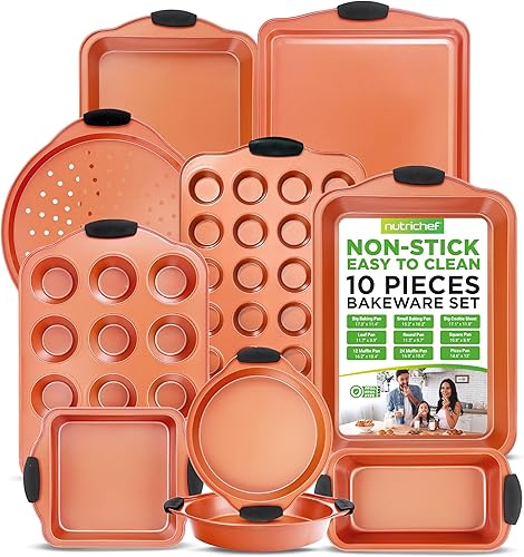 NutriChef Juego de 10 piezas de utensilios antiadherentes de acero para hornear, juego de bandejas para hornear de acero al carbono con asas de NutriChef Juego de 10 piezas de utensilios antiadherentes de acero para hornear, juego de bandejas para hornear de acero al carbono con asas de