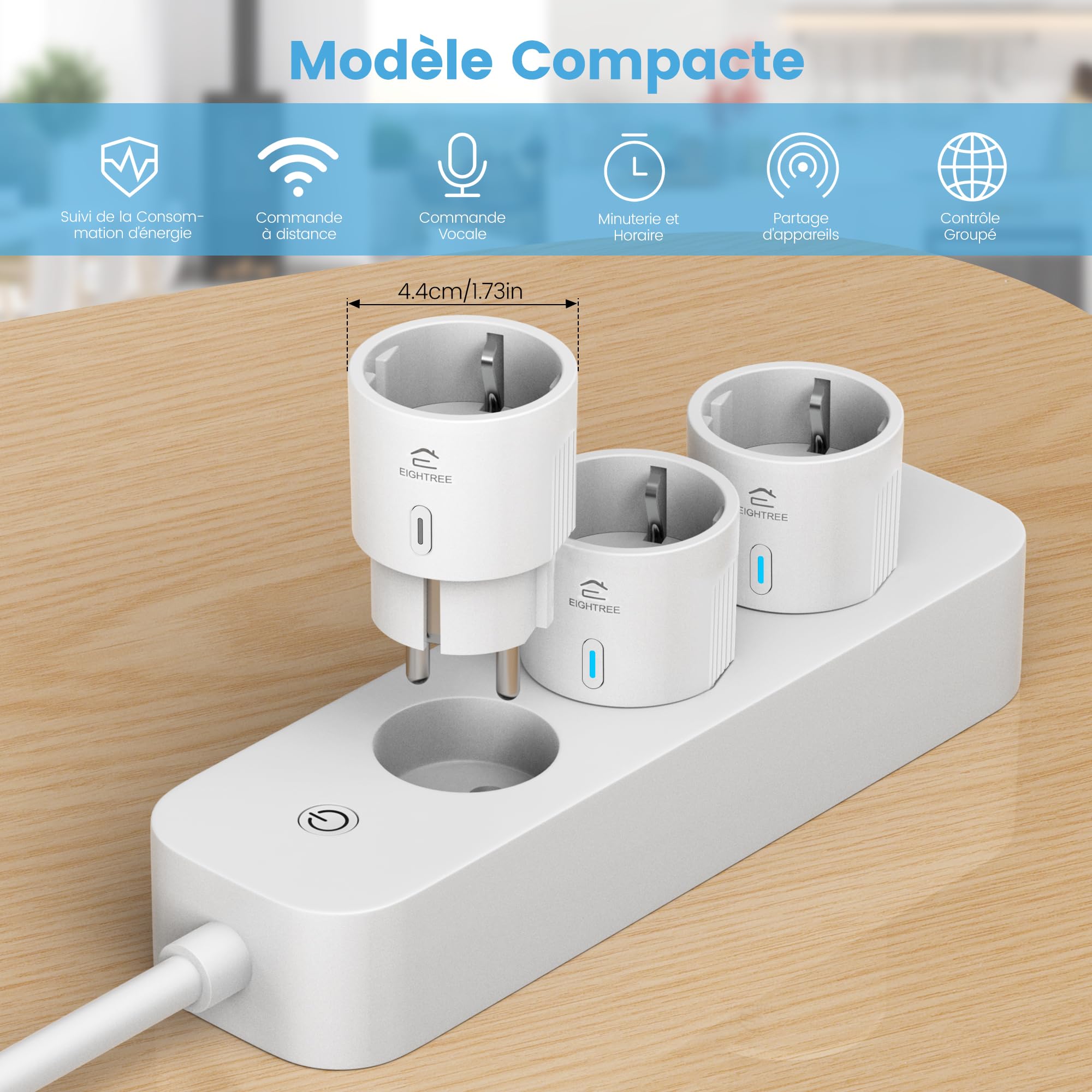EIGHTREE Prise Connectée WiFi, Mini Prise Intelligente, 16A 3680W | Compatible avec Alexa, Google Home, SmartThings, Suivi de la Consommation d'énergie, 2,4 GHz Requis, 4 Pack