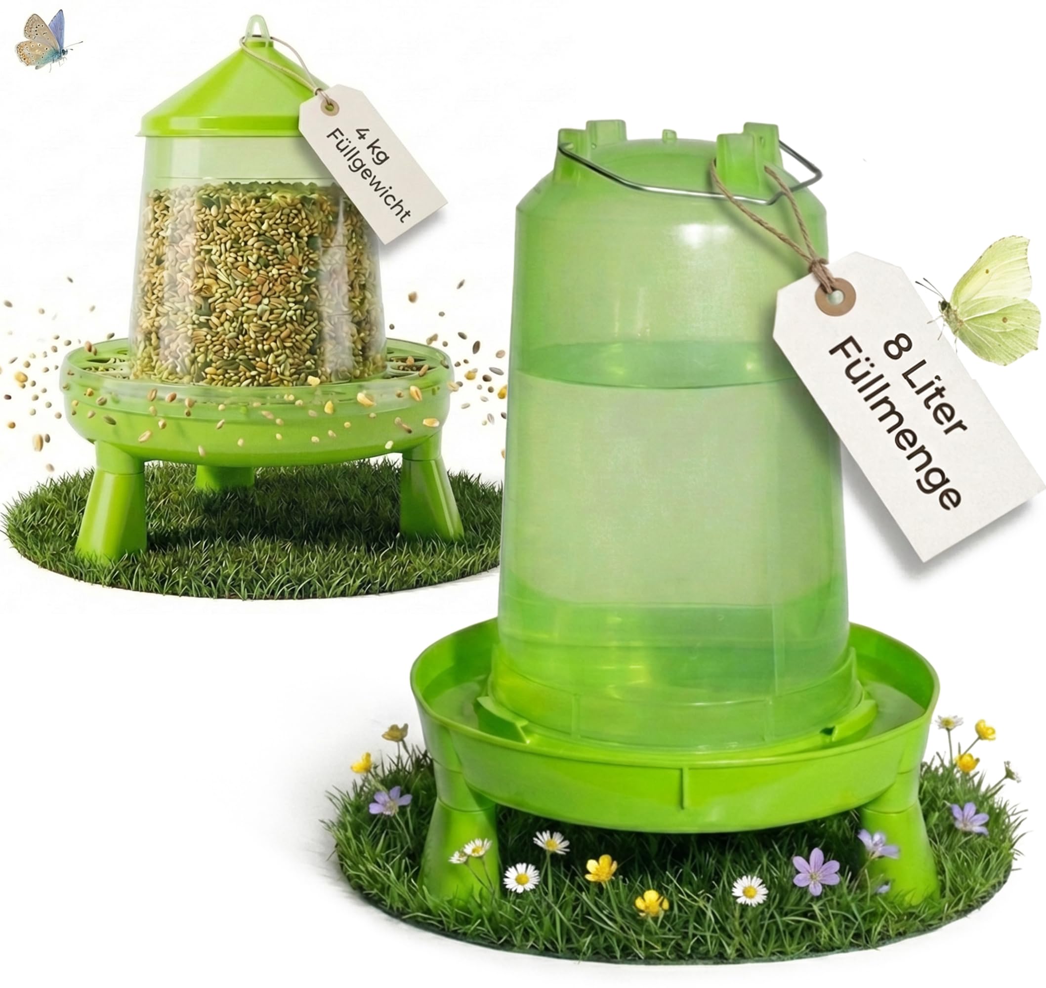 8 Liter Geflügeltränke grün mit Füßen + 4 KG Futterautomat für Hühner, Futtertrog, Futterspender, Hühnerfutter Automat, Futterautomat
