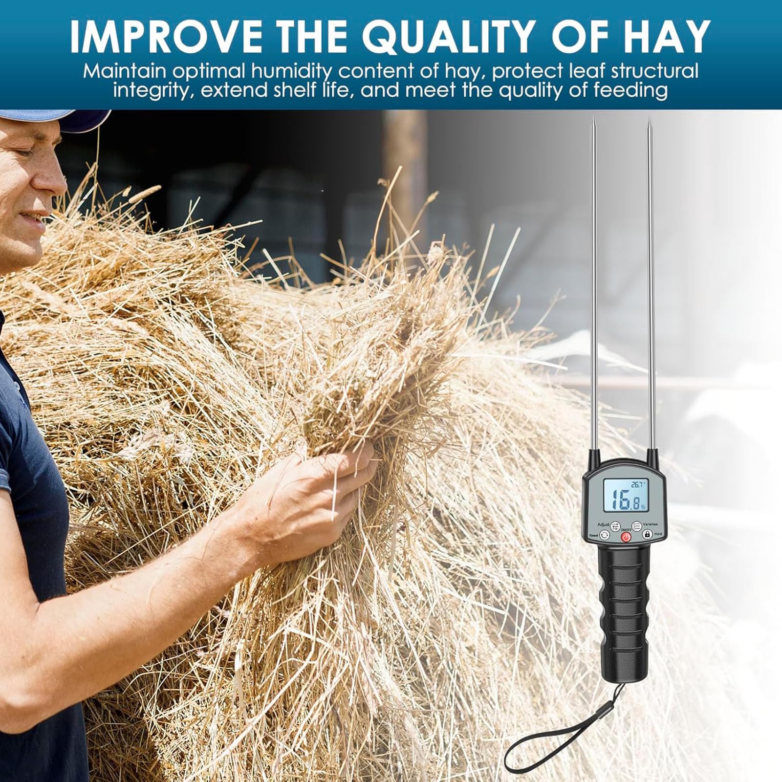 Medidor De Humedad De Heno De Alta Precisión con Sonda, Dispositivo Digital Portátil, Rápido Y Exacto para Pacas De Hierba, Alfalfa Y Pasto De Huerto