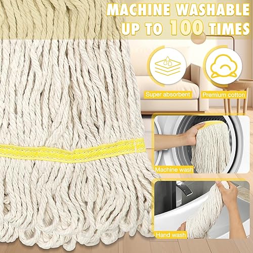 Miniatura 5 de Trapeador comercial industrial de algodón con cabezal de repuesto extra, trapeadores húmedos de cuerda resistente con mango largo para el hogar,