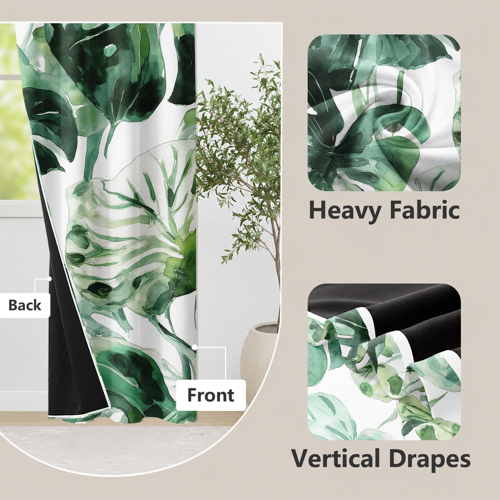 Generisch Grüne Monstera-Blätter Vorhäng Aquarell Pflanzen Gardinen mit Ösen, Thermo Vorhänge Blickdicht Gardinen für Schlafzimmer Wohnzimmer 2er Set, H 137 x B 117 cm