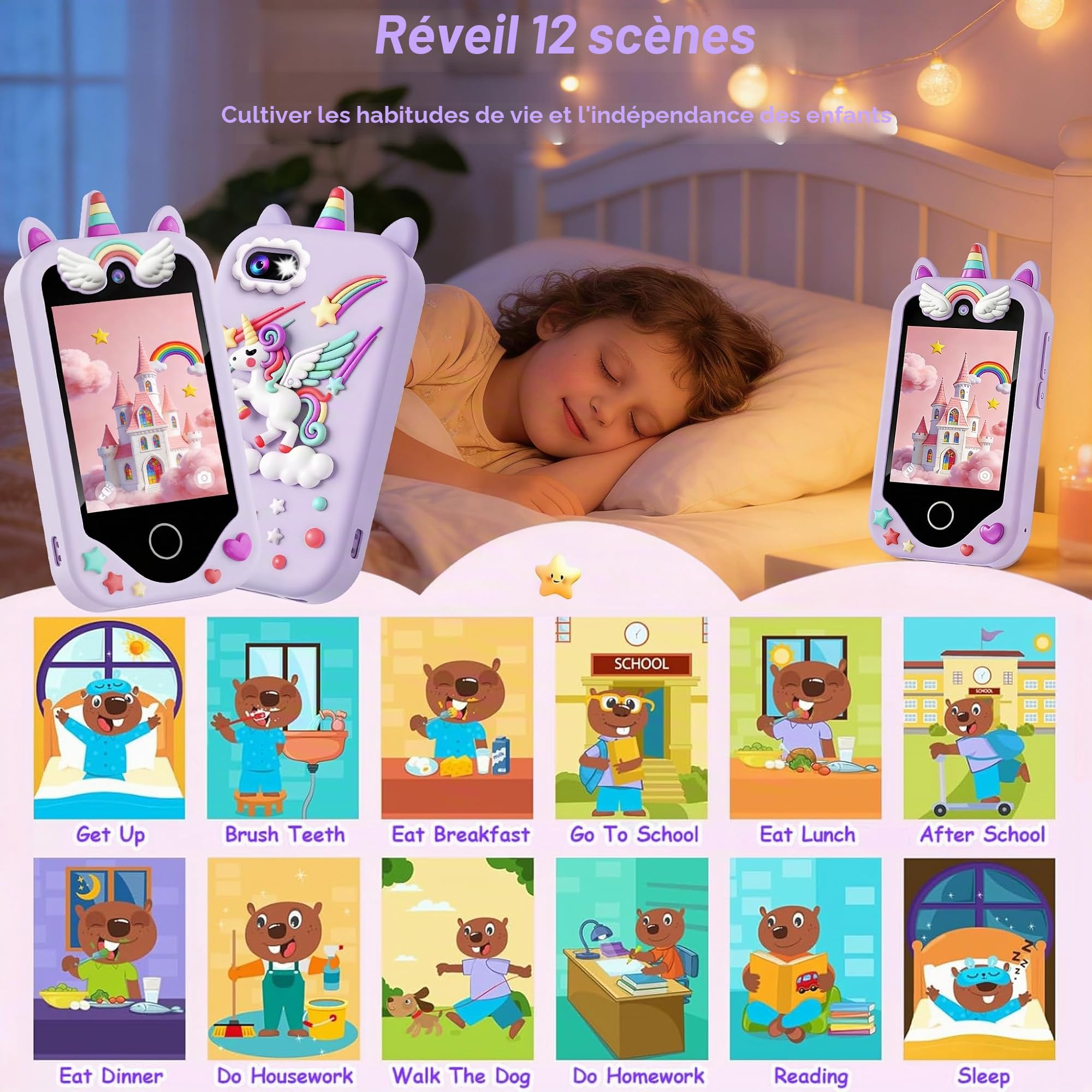 Smartphone pour enfants pour filles, téléphone enfant jouet avec écran tactile, cadeau d'anniversaire de Noël pour enfants de 3 à 8 ans, double caméras, apprentissage, lecteur de musique, jeux, violet