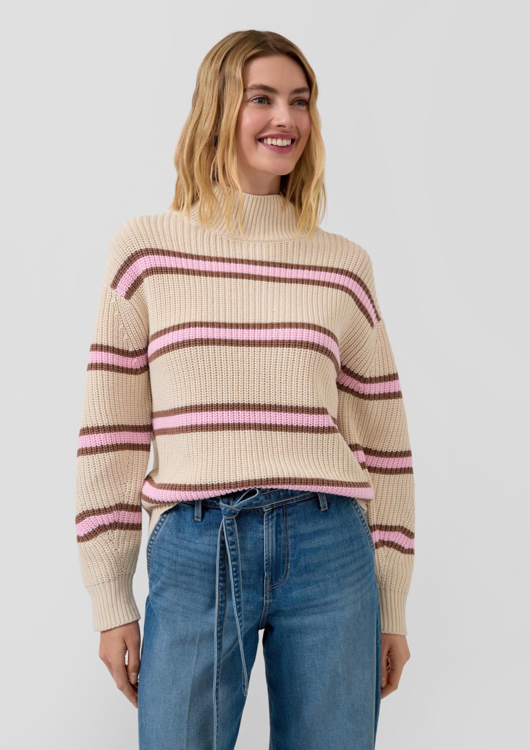 s.Oliver Gestreifter Grobstrickpullover mit Stehkragen