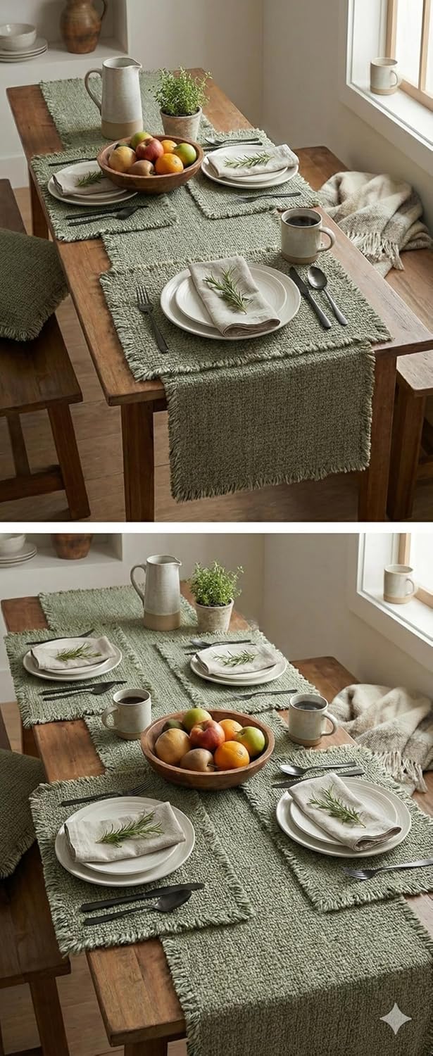 Table Runner, Sage Green with Fringe, Cotton Blend, 92 x 19 Inch with 4pcs Placement Set 19x14