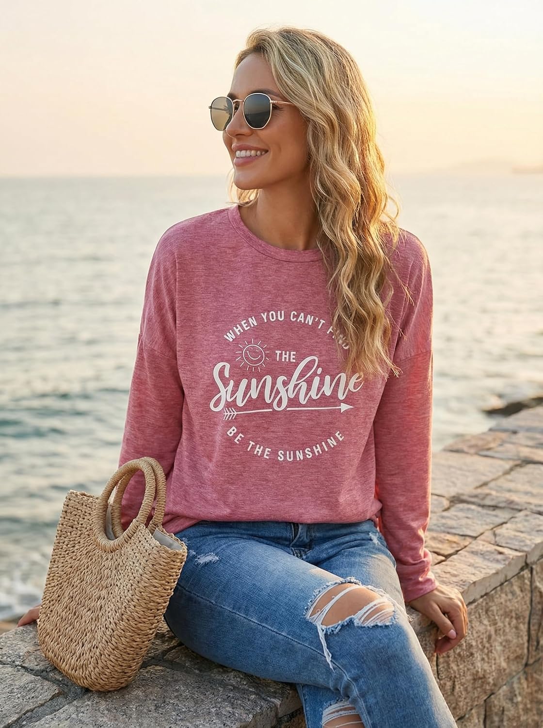 Muicy Womens Sunshine Shirt Casual Long Sleeve Shirt Tops Trendy Loose Fit Sweatshirts Tunic Tops with Pockets - Image 3