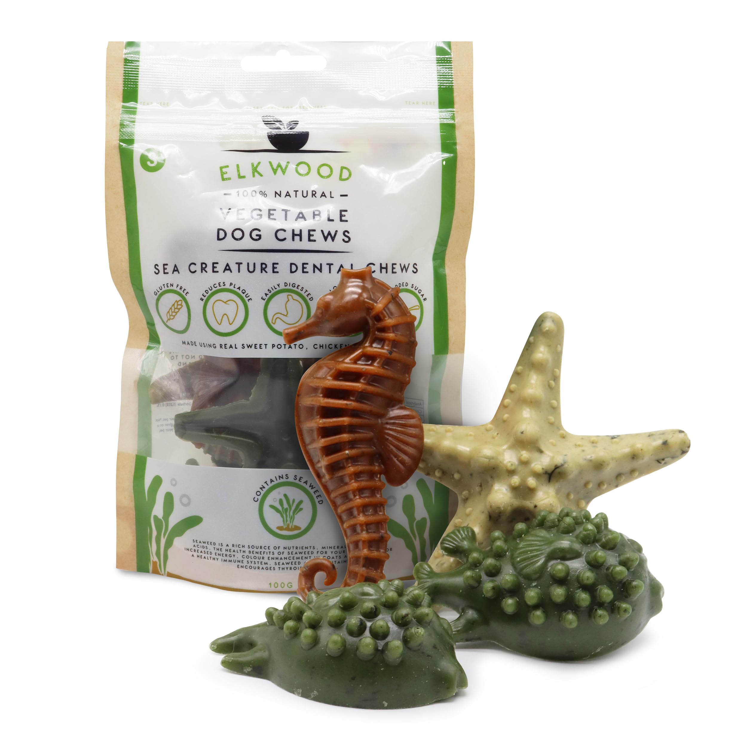 Elkwood 100% Natural Dog Dental Chew Treats (Small, Sea Creature Shape) | Grain-Free, Low-Fat Sweet Potato Chews for Fresh Breath & Healthy Teeth | Hypoallergenic & Long-Lasting (100g 7PCS)