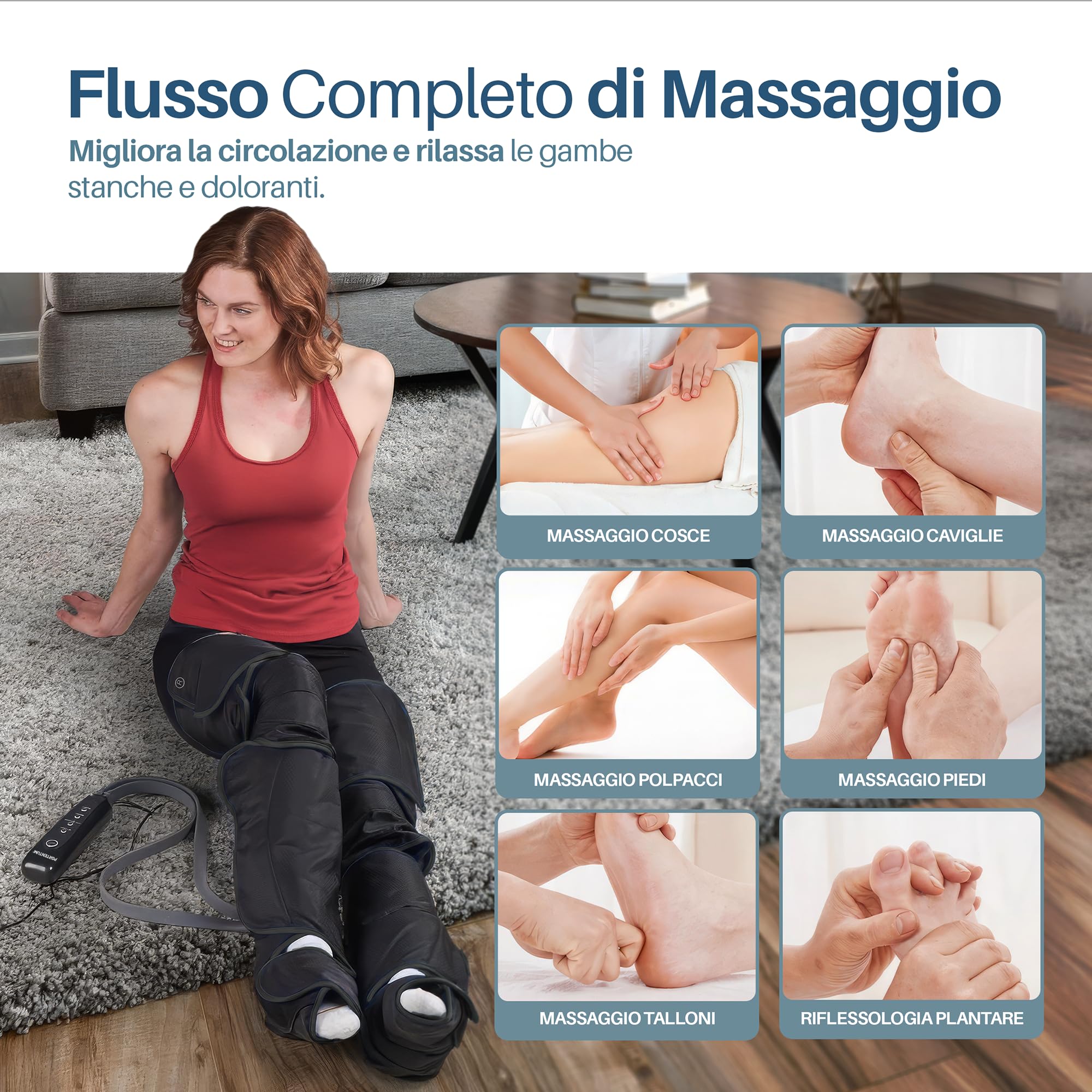 PORTENTUM Pressoterapia linfodrenaggio – Massaggiatore gambe con calore regolabile – 5 intensità compressione ad aria – Telecomando – Sollievo gambe stanche e migliore circolazione – Borsa trasporto